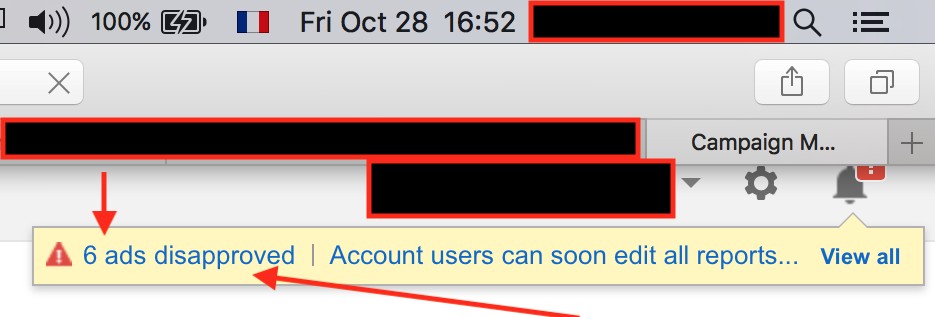 Google notification showing ads disapproved - censorship of McDonald's fraud awareness campaign